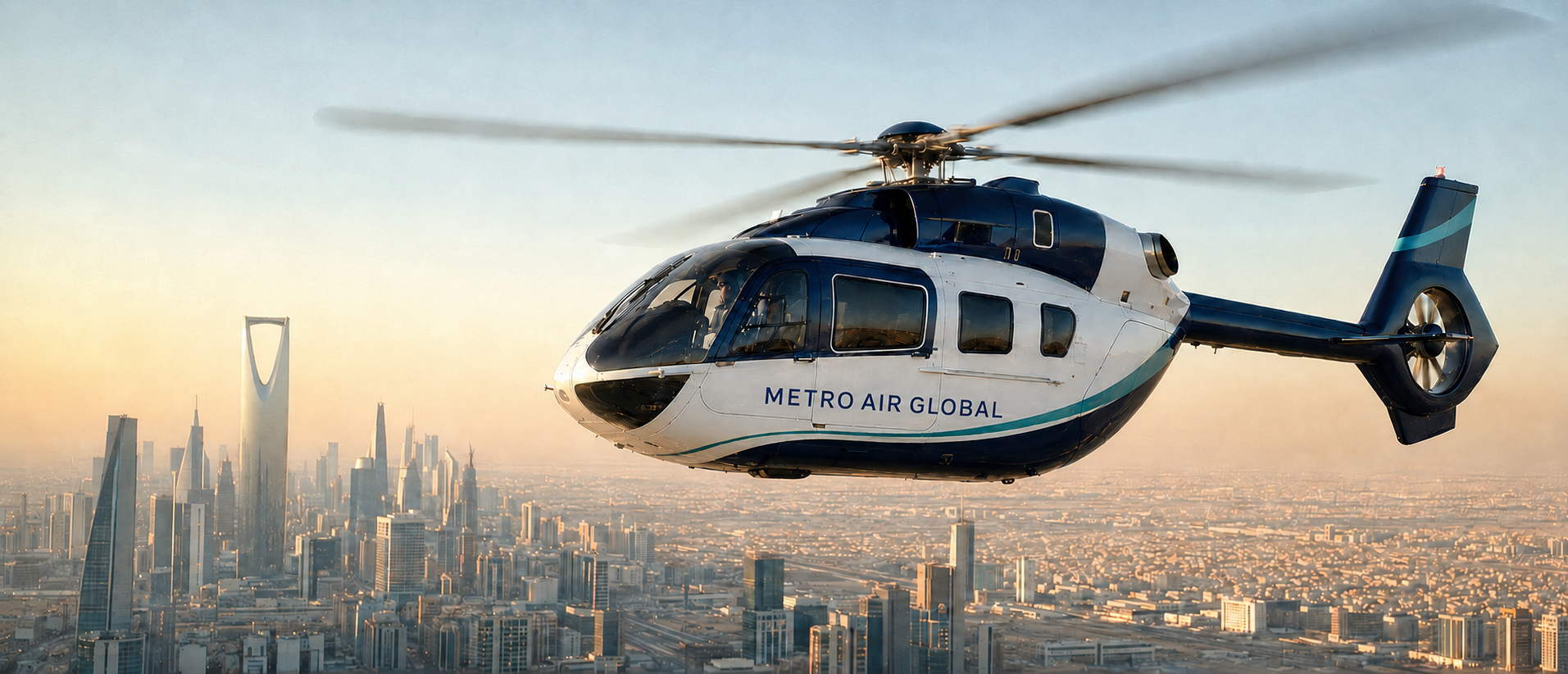 Metro Air Global branded helicopter above a city skyline